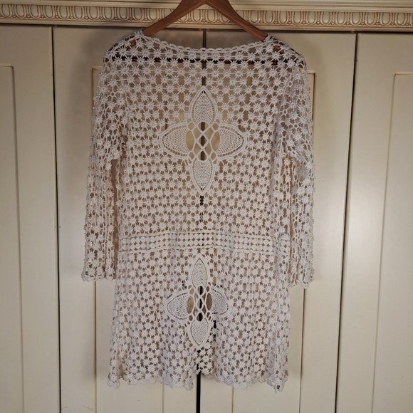 Women's Crochet Cardigan Cream Coverup Tunic Length Tie Front - Picture 8 of 10
